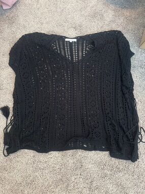 Black Crochet Swim Coverup Tunic - Women's Beach Top